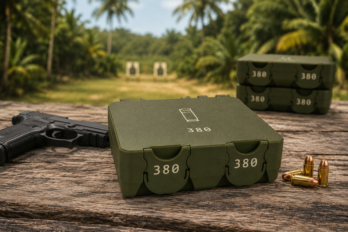 Customizable 380MM Ammo Box: 150 Round Storage, Organized Tray, Secure Latch